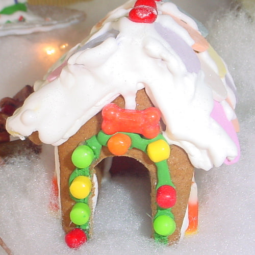 Gingerbread house with colorful candy decorations on a white background