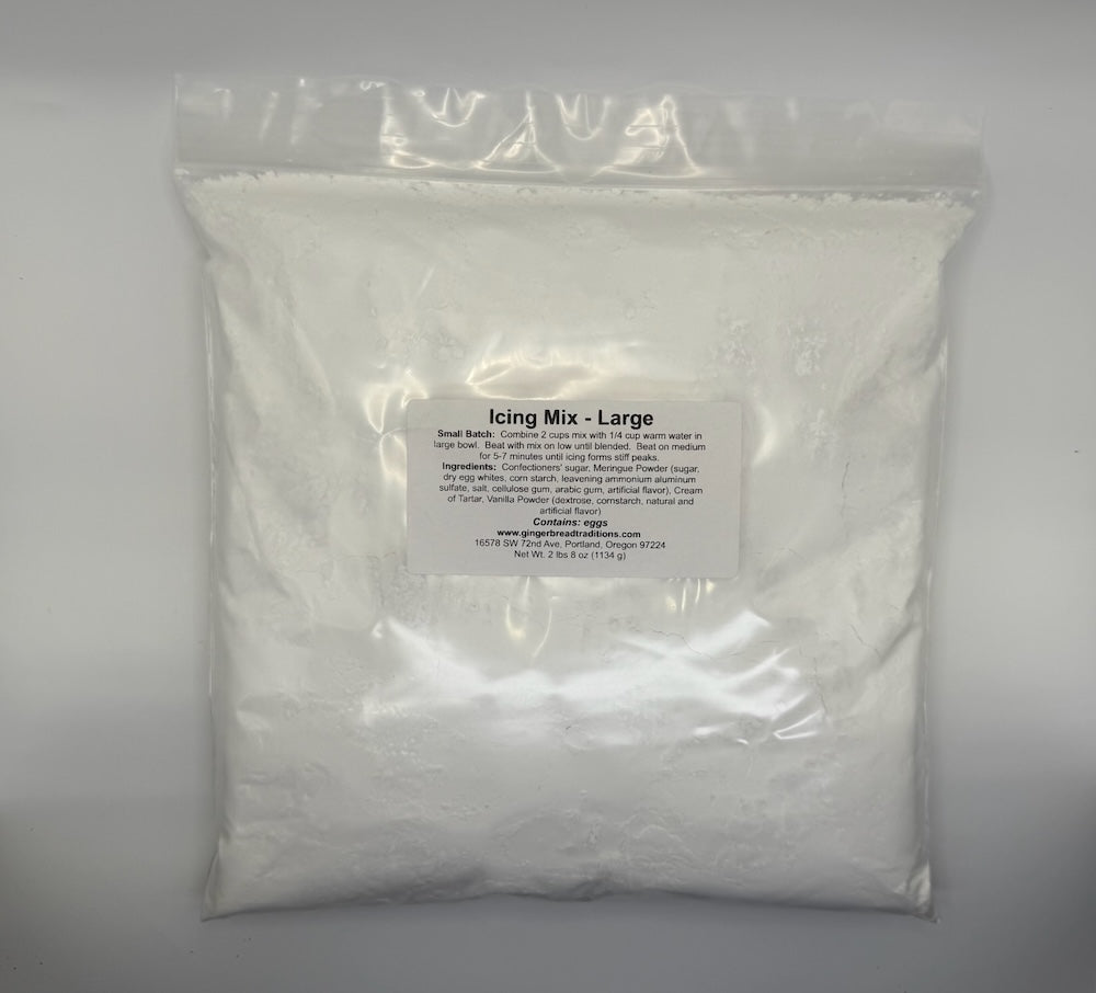White icing mix in a clear plastic bag with a label on a white background