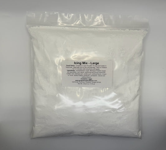 White icing mix in a clear plastic bag with a label on a white background