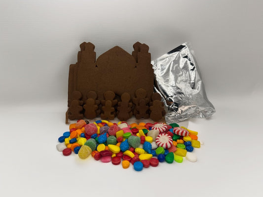Mosque gingerbread pieces with colorful candy on a white background